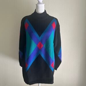 Liz Claiborne Black Sweater with Red and Blue Geometric Design